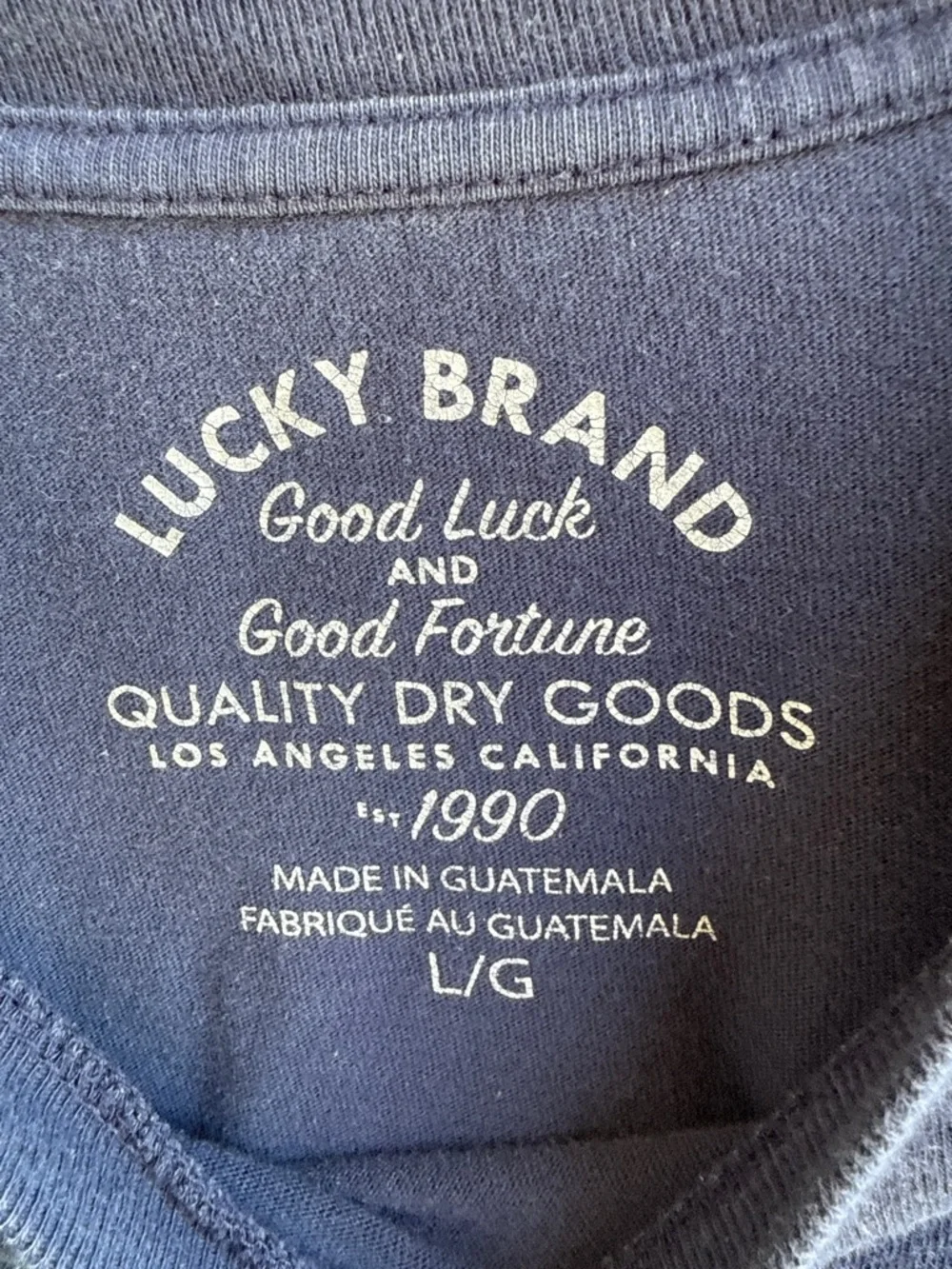 Lucky Brand Navy Tee with Bright Green 'LUCKY' Graphic